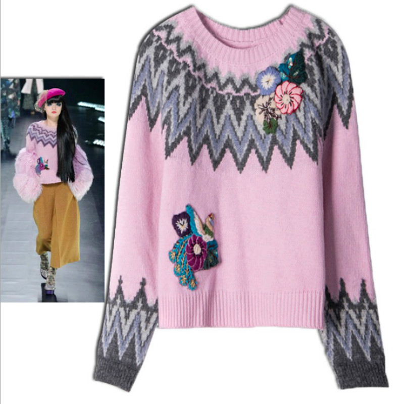 

New Women' Pink Blouses Floral Embroidery Female Autumn Thick-neck Short High Quality Top Fashion Jumper N7je