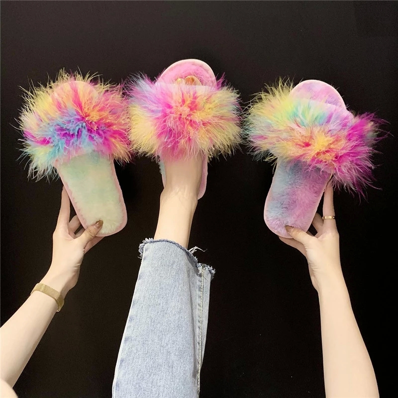 

COOTELILI Woman Slippers Winter Shoes For Women New Fashion Faux Fur Colorful 1.5cm Heel Slippers Women Shoes 36-40 #1e6x, Black