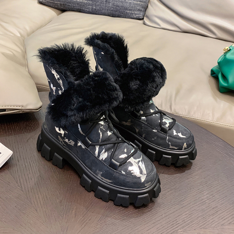 

Russian winter ankle Leather + hair-lined lamb camouflage printing hot boots of women platform jumps 38AD, Blue.
