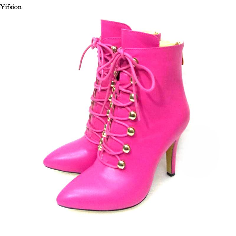 

Olomm Women Winter Ankle Boots Sexy Stiletto High Heels Boots Nice Pointed Toe Rose Red Office Shoes Women Plus US Size 5-15, D0816 rose red