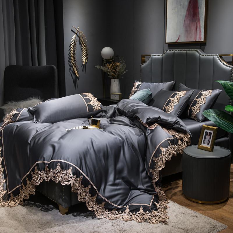 

Bed Linen Pillowcases Home Textile Luxury Gray 100S Egyptian Cotton Gold Embroidery Bedding Set Double Duvet Cover Set, Style3