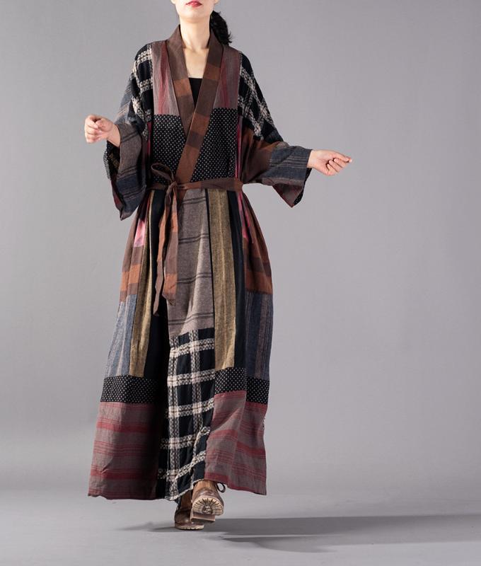 

Women Plus Size Patchwork Plaid Cotton Linen Trench Coat Female Outwear Vintage Retro Plus Size Overcoat 2020 Autumn Belt Coat, Patchwork coat