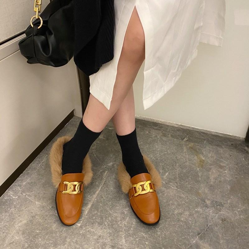 

Female Shoes Ladies' Slippers Fur Flip Flops Luxury Slides Cover Toe Low 2021 Plush Designer Hoof Heels Rome Fabric Basic PU