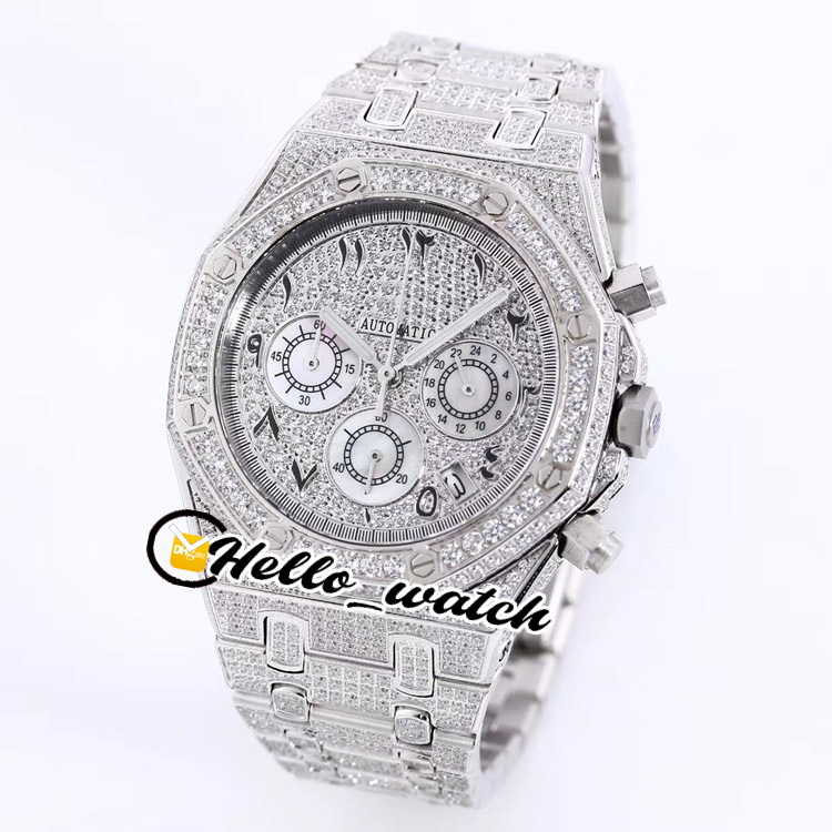 

New Full Iced Out Vs Moissanite Diamond Pave Steel Case Arabic Numerals Markers Dial VK Quartz Chronograph Mens Watch Stopwatch Hello_Watch, Waterproof service