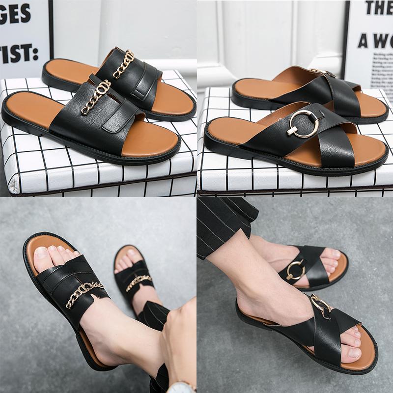 

Top quality Luxury Brand Metal button designer slippers Mayari Florida Arizona Men flats sandals Genuine Leather slippers casual shoes Beach, 25101