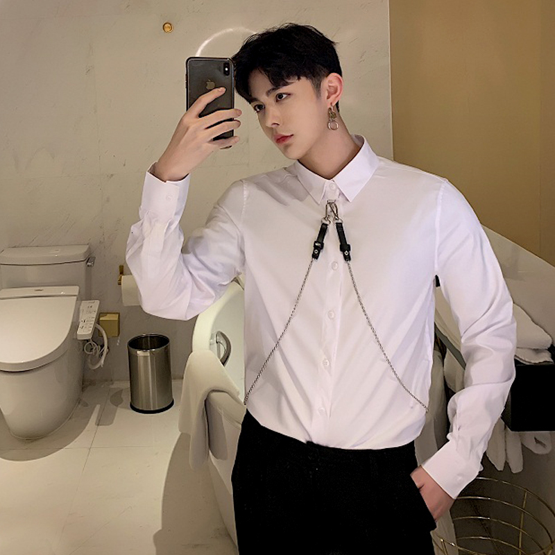 

2021 New Spring Ceremonial Style Designer Sense Current Alternative Decoration Manga Long Popular of Thin White Shirt Men. DJ1X