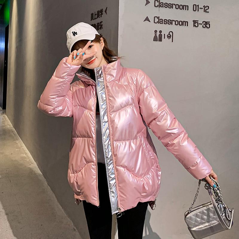

2020 New Streetwear Bright Jacket Women Casual Loose Zipper Short Parkas Female Korean Stand Collar Korean Warm Coats Clothing, Black