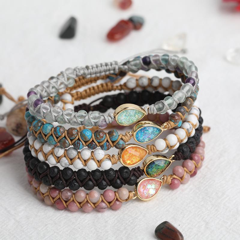 

5Pcs/Lot Natural Stone Water Drop Charms Bracelet 4mm Rainbow Fluorite Rhodonite Stone Beads Knotted Woven Yoga Bracelet Jewelry