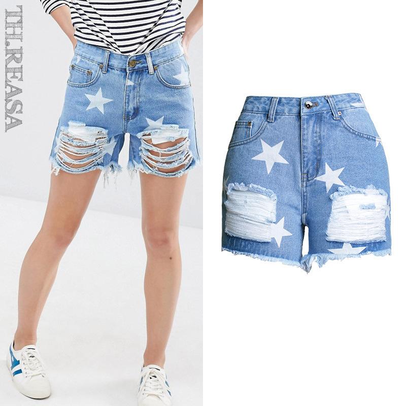 

New Fashionable Women Individual Hole Jeans Shorts Star Print Burr Trend Street Shooting Denim Shorts, Blue