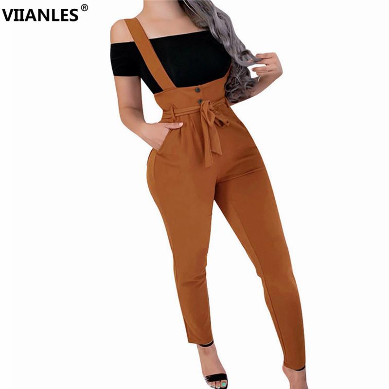 

VIIANLES High Waist Shoulder Straps Sexy Trousers Women Streetwear Long Pencil Pants Overalls Bandage Design Button Pockets, Khaki