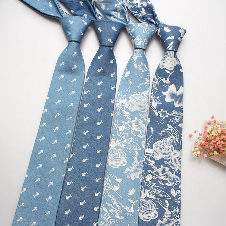 

New Men Fish Pattern Neckties Casual Denim Cotton Neck Ties for Man Skinny Designer Wedding Necktie Corbatas Gravatas Para1