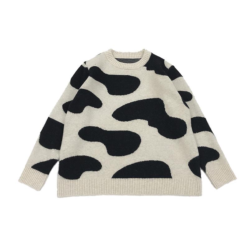 

Autumn New Women's Preppy Style Cow Print Pullover O-neck Long-sleeved Knitted Sweater Winter Warm Top, White