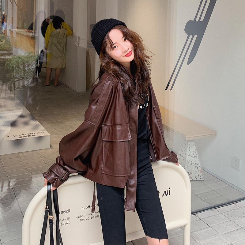 

2021 Autumn New Korean Version of PU Leather Women' Short Loose Locomotive Suit Fried Street Jacket Small Coat Fashion Trend, Black
