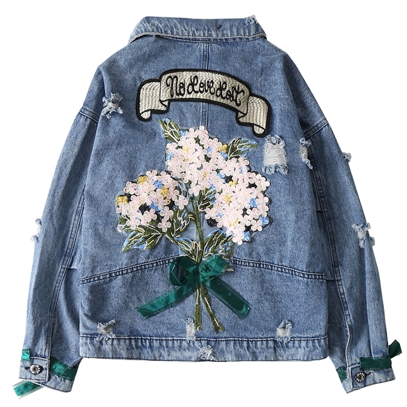 

ZQLZ Autumn Women Denim Jacket Bomber Appliques Vintage Elegant Outwear Autumn Hole Female Jacket Coat Casual Jeans Tops 201112, Blue