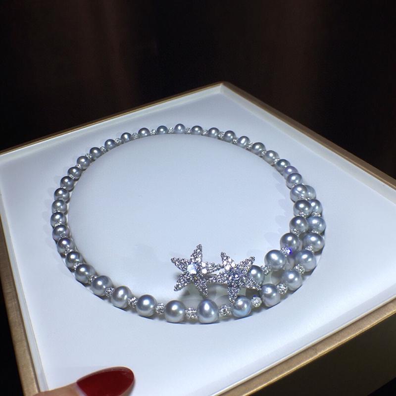 

Freshwater Grey Pearl Necklace A Multi-use Around 9-10mm Near Round And Less Flaws More Circle Bracelet