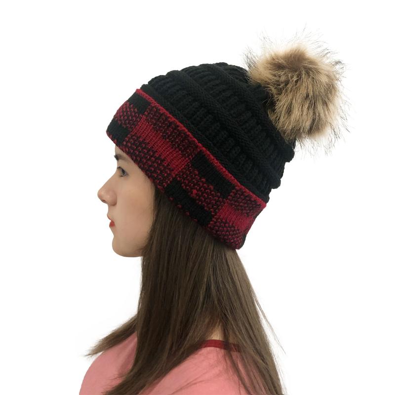 

Fashion Patchwork Thick Warm Winter Hats Women New Design Knitted Beanie Hat Pompom for Ladies Detachable Female Skullies cap, Black red