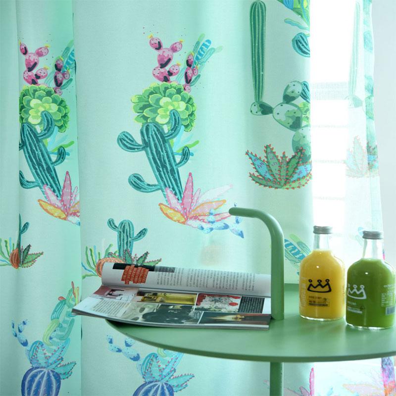 

New Arrival Summer cactus Printed Window Drapes Blue Green Curtain for Living Room /Bedroom/Kitchen Patchwork, Colour 1 yarn