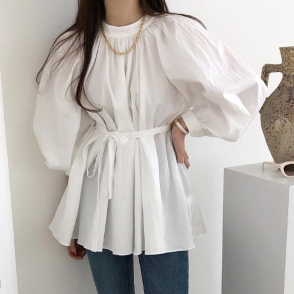 

2021 Japan Style Blouse Spring Autumn New Korean Fashion Loose Simple Draw Lantern Sleeve Gather Round Neck Lace V7TG, White