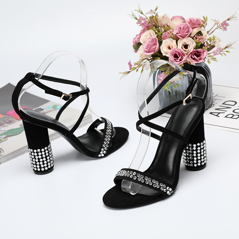 

Summer Free 2020 Shipping Sexy Crystal Black Suede Straps of Sandals Lady High Heels Stripper Shoes 1tih