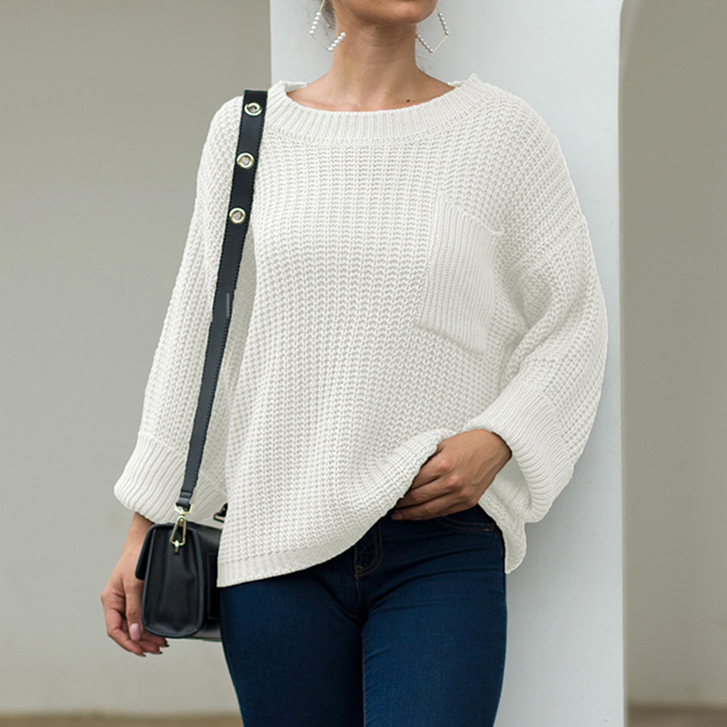 

Female Casual Loose Sweater With Pocket 2020 Autumn Winter Fashion O-Neck Knitted Pullover Long Sleeve Warm Cold Blouse Jumper, Beige