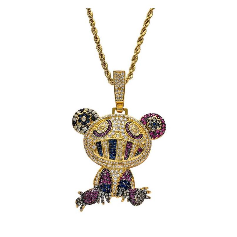 

18K Yellow Gold Multi-Color Iced Takashi Murakami Panda Pendant Necklace Micro Paved Zircon Mens Hip Hop Jewelry Sqw6V, Silver