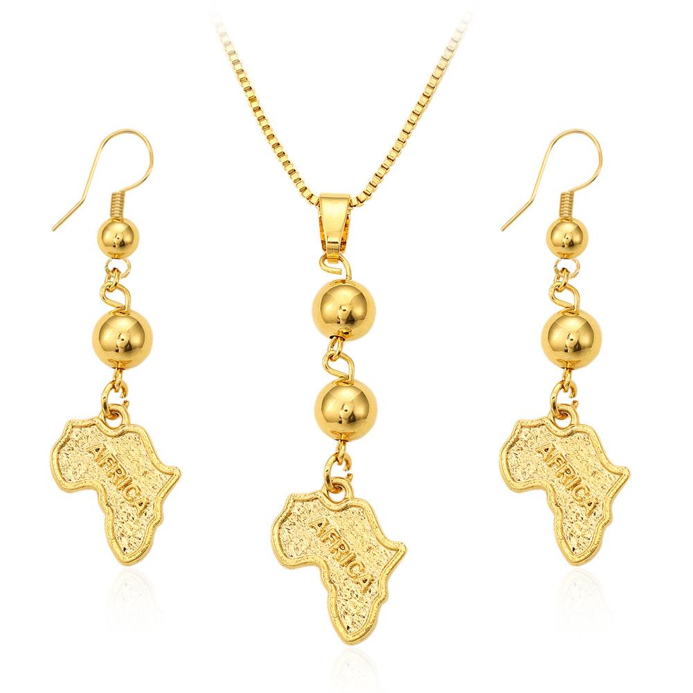 

African Jewelry Plated Outline Pendant Charm Dangle Drop Earrings Africa Map Hiphop Item Necklace Earrings Jewelry Set, Golden