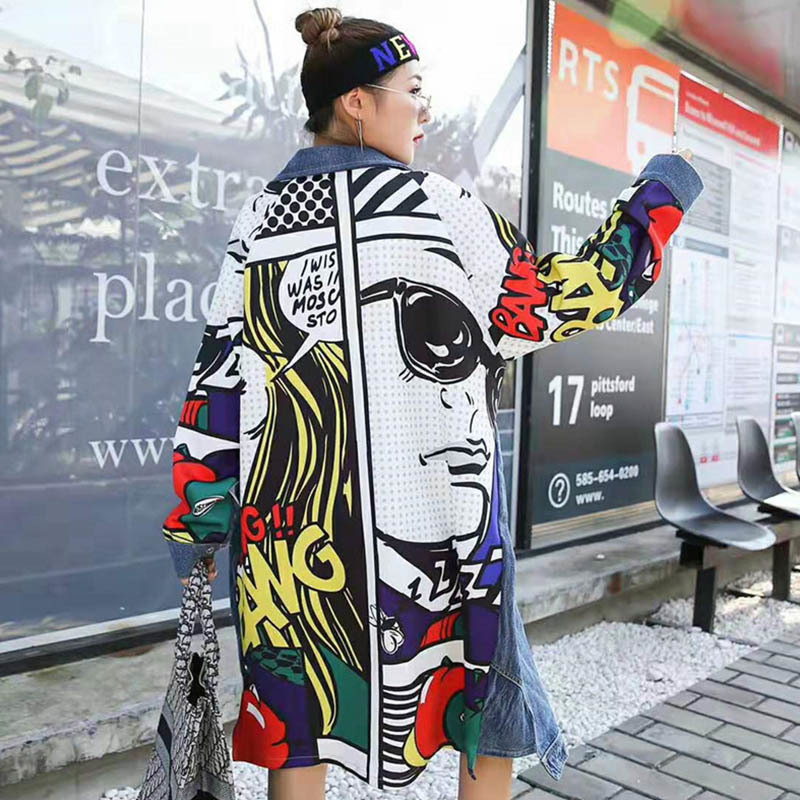 

New printed cowboy division women's long turn-down collar outwear casual autumn fashion female jacket tide N5Q3, Photo color