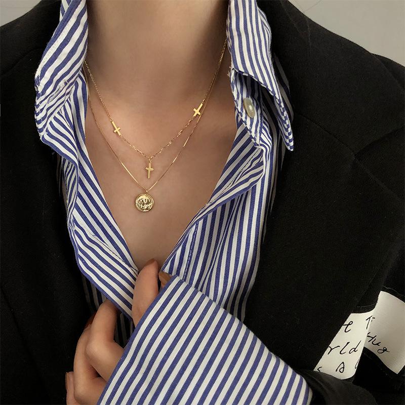 

S925 Sterling Silver Necklace for Women Round Double Necklaces Simple Cross Clavicle Chain Light Luxury Jewelry Wholesale