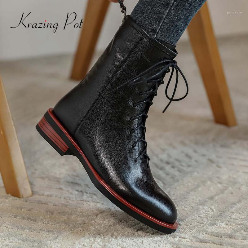 

Krazing Pot 2020 winter shoes women natural leather cross-tied thick low heel round toe zipper keep cozy warm ankle boots L061, Black