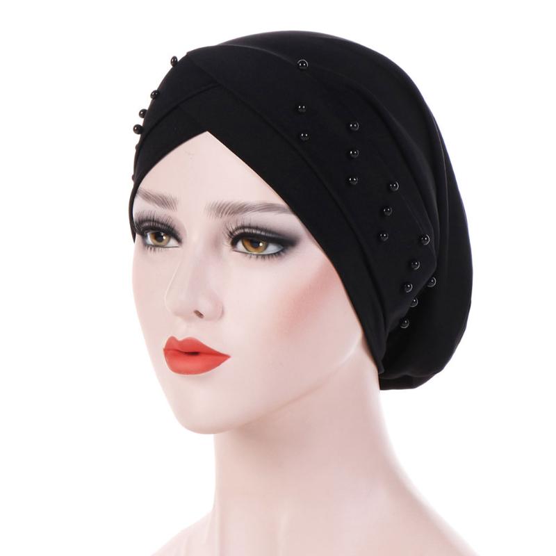 

Women Muslim Hats Solid Beanie Chemotherapy Cap Fashion Accessories Bead Western Style Turban Stretch Head Wrap Forehead Cross, Rose red