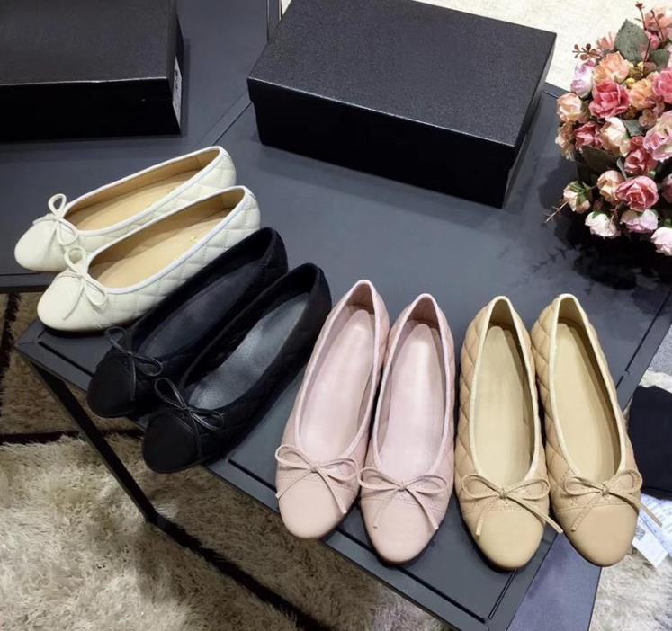 

Hot Sale classic Ballet shoes Genuine soft Leather Rhombic Ladies Bow woman Dress shoes Letter Classic woman Sheepskin Flat boat shoes, All apricot + rhombus