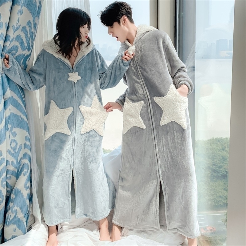 

Thick Fur Robe Male Autumn Winter Warm Fluffy Star Terry Bathrobe Couple Pajamas Home Wear Men Bath Robe Flannel Zipper Robes 201109, Men blue moon