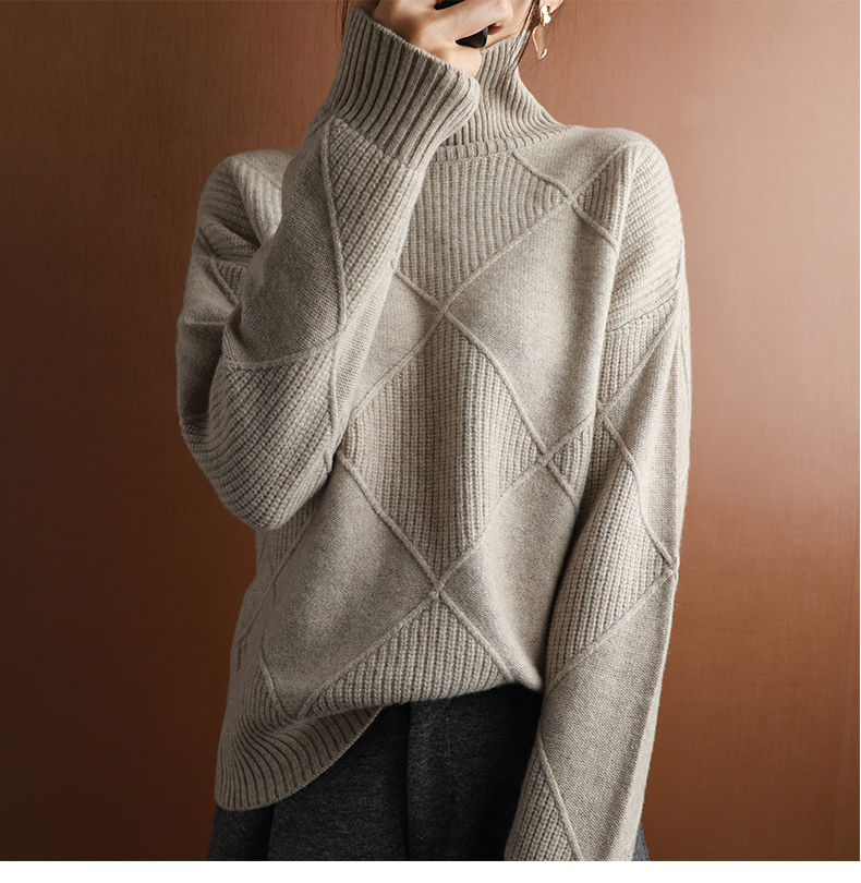 

2021 New Argyle Thicken Turtleneck Women Harajuku Jumper Autumn Winter Cashmere Cotton Blend Batwing Long Sleeve Pullover Sweater 12p8, Camel