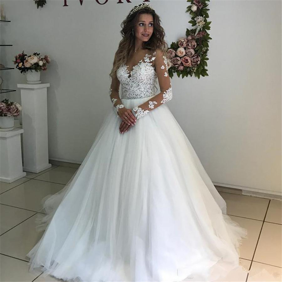 

Sheer Long Sleeves Lace Wedding Dresses 2021 with Appliques Jewel Neck Sweep Train Tulle A Line Wedding Bridal Gowns, White