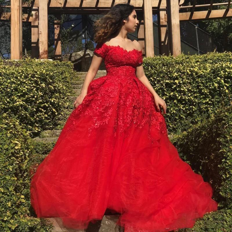

Red Short Sleeves Lace Prom Dresses 2021 with Appliques Court Train Off Shoulder Tulle Plus Size Formal Evening Party Gowns, Dark red