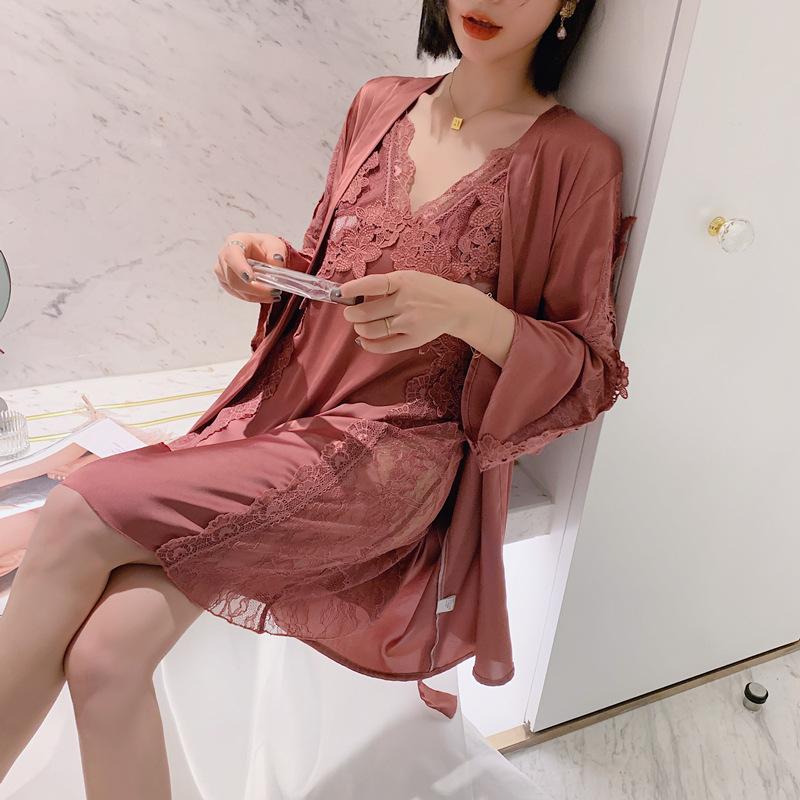 

Women V-Neck Lace Cami Pijama 2PCS Sexy Nightgown Kimono Robe Gown Lady Sleep Suit Sleepwear Wear Home Nighties Clothes, Pink