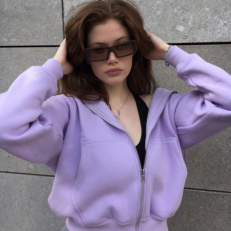 

Casual Loose Long Sleeve Sweat Coat Solid Hoodies Jacket Women Autumn Winter Oversized Overcoat Ladies Zipper 2020, Lavender