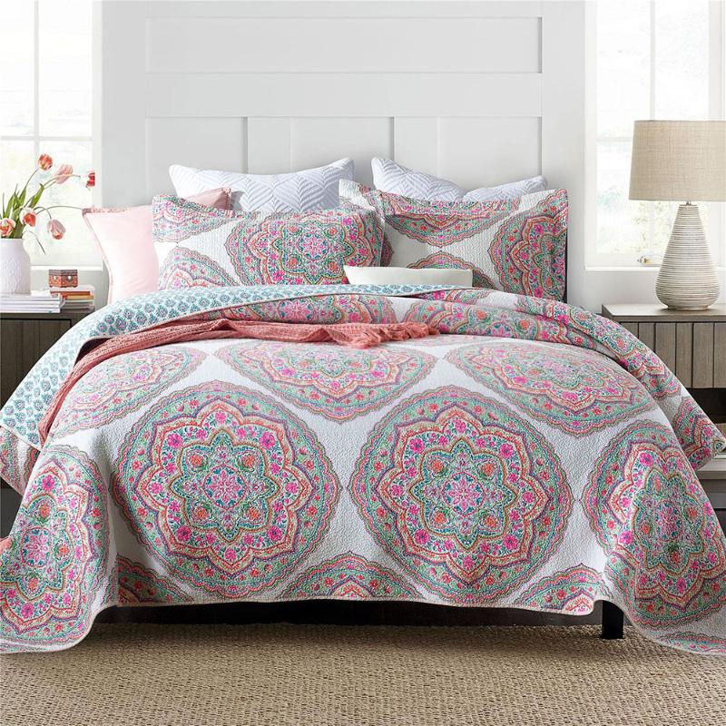 

CHAUSUB Cotton Quilt Set 3pcs Print Bedspreads For Double Bed Cover With 2 Pillowcase Queen Size Summer Blanket Coverlet, Pink