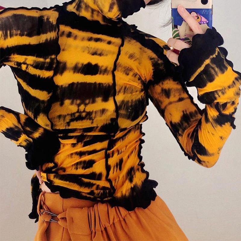 

High Neck Print T Shirt Women Long Sleeve Pullover Slim Tops Streetwear Casual Patchwork Trendy Tee Three Colors 2020 Autumn New, Blue