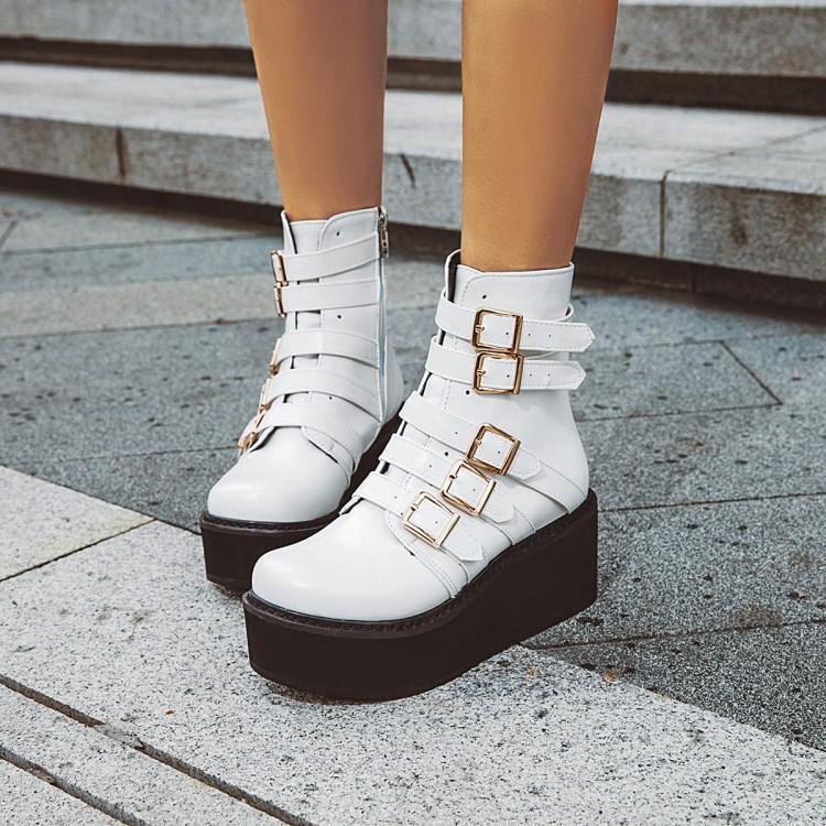 

PXELENA Drop Ship Women Punk Gothic Boots Buckle Thick Platform Creepers Lady Shoes Combat Biker Motorcycle Boots Black White 43