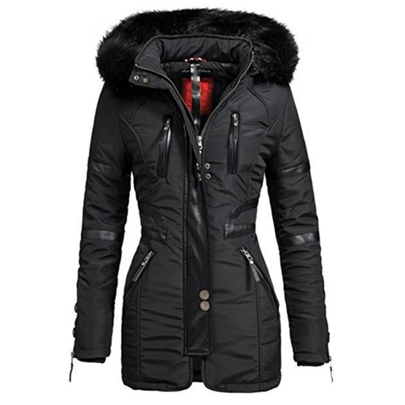 Women's Long Jacket Coats Black Winter Hooded Parkas Zipper Warm Windbreak Black Gothic Slim Femlae Overcoats Casual Outwear 201030