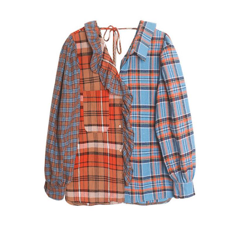 

PERHAPS U Women V Neck Shirt Long-Sleeve Ruffle Plaid Blue Orange Backless Puff Sleeve Spring Autumn Patchwork B0706, Multi