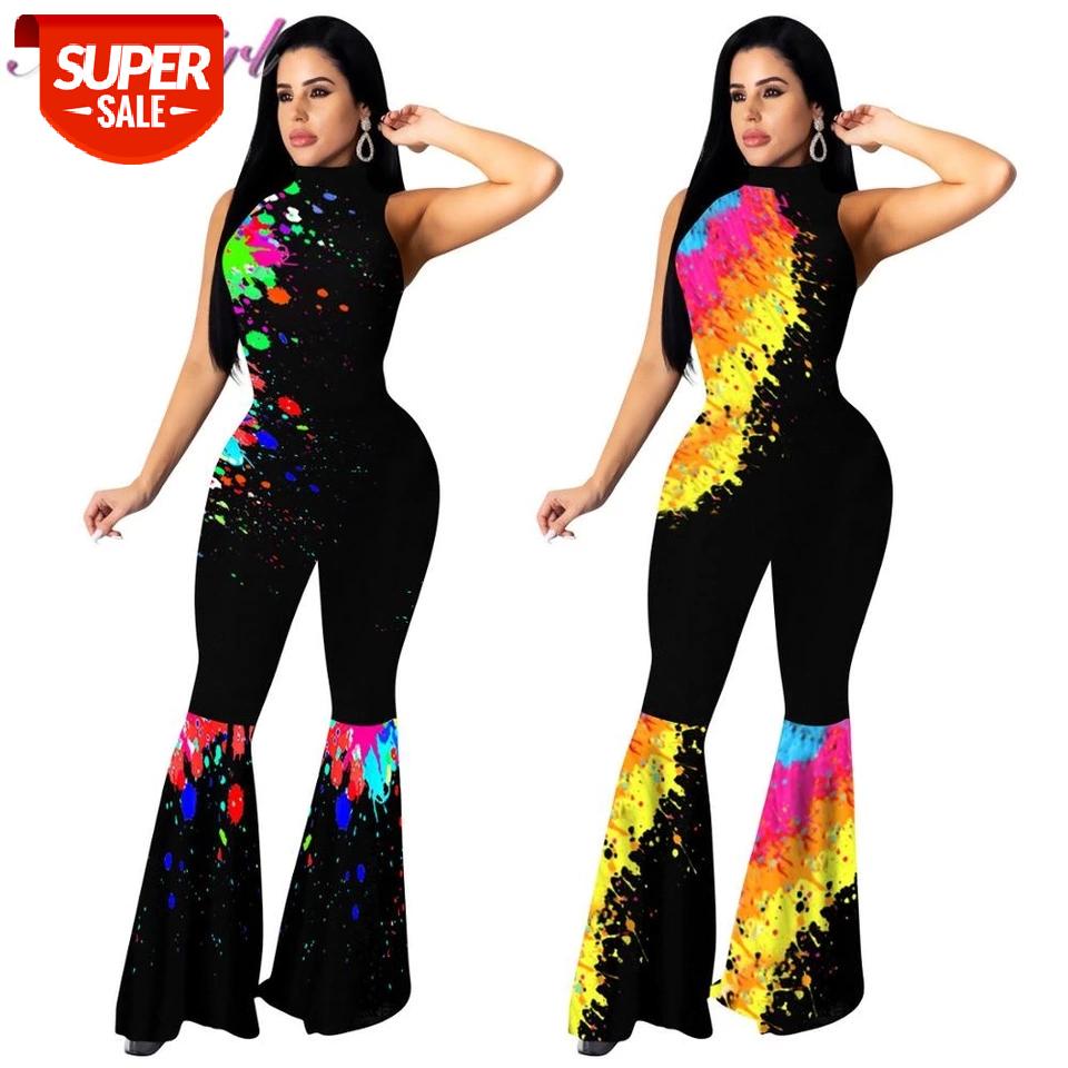 

Women Painting Print Sleeveless Backless Ruffles Wide Leg Flare Jumpsuit Sexy Party Night Club One Piece Rompers Outfit Overalls #HM3Y, Black;white