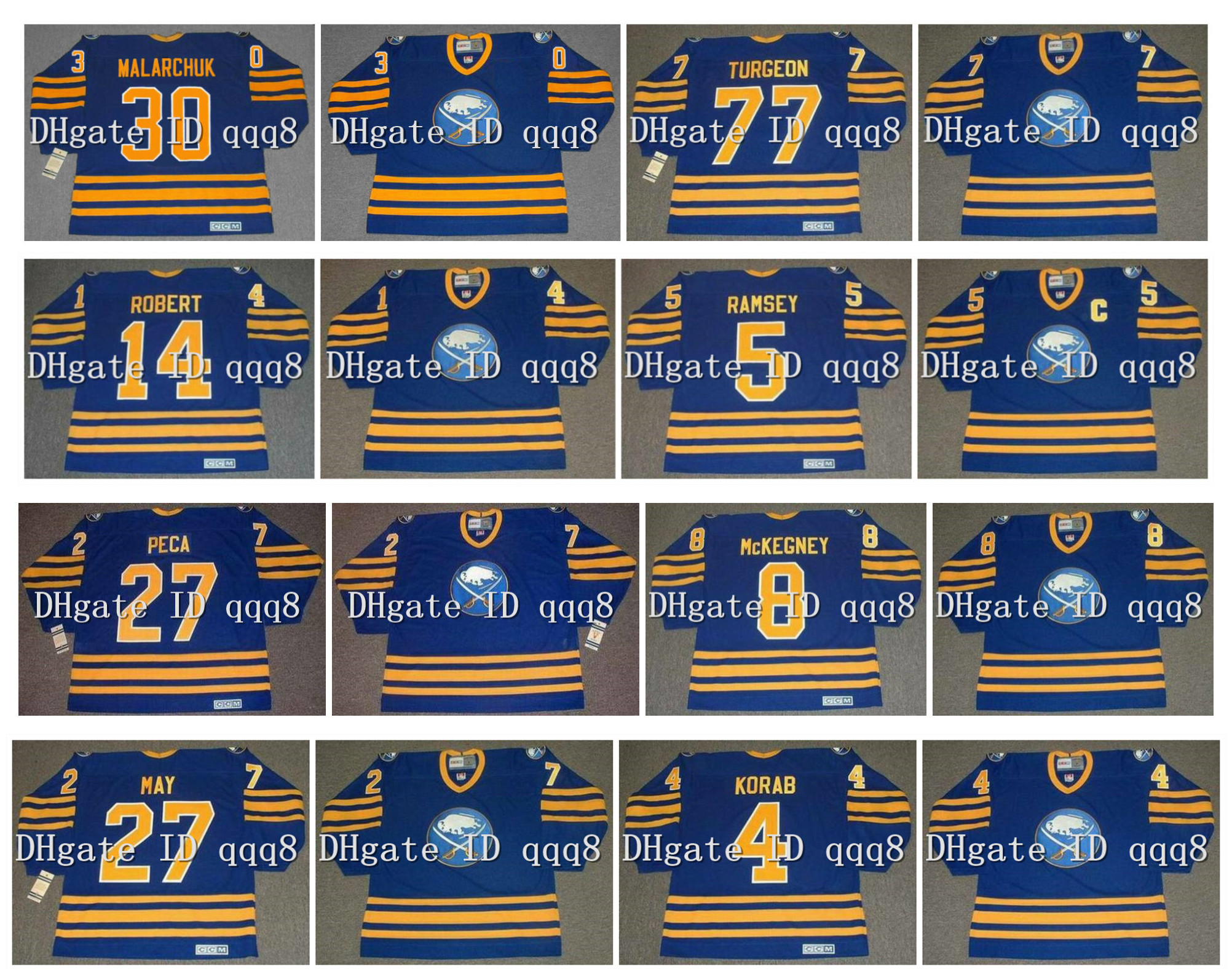 

Vintage Buffalo Sabres Jersey 30 CLINT MALARCHUK 77 CLINT MALARCHUK 14 RENE ROBERT 5 MIKE RAMSEY 27 MICHAEL PECA CCM Throwback Hockey, As pic