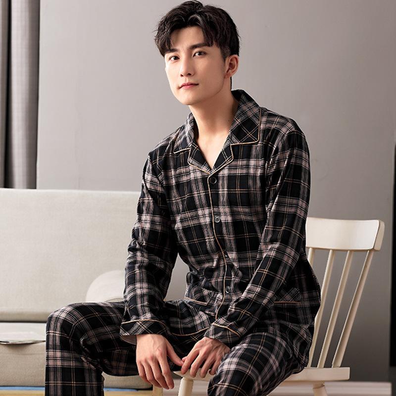 

Pure Cotton Thin Section Korean Plaid Cotton Silk Summer Home Service Suit Pijama Hombre Verano 2020 Men's Pajamas Long-sleeved, See chart5