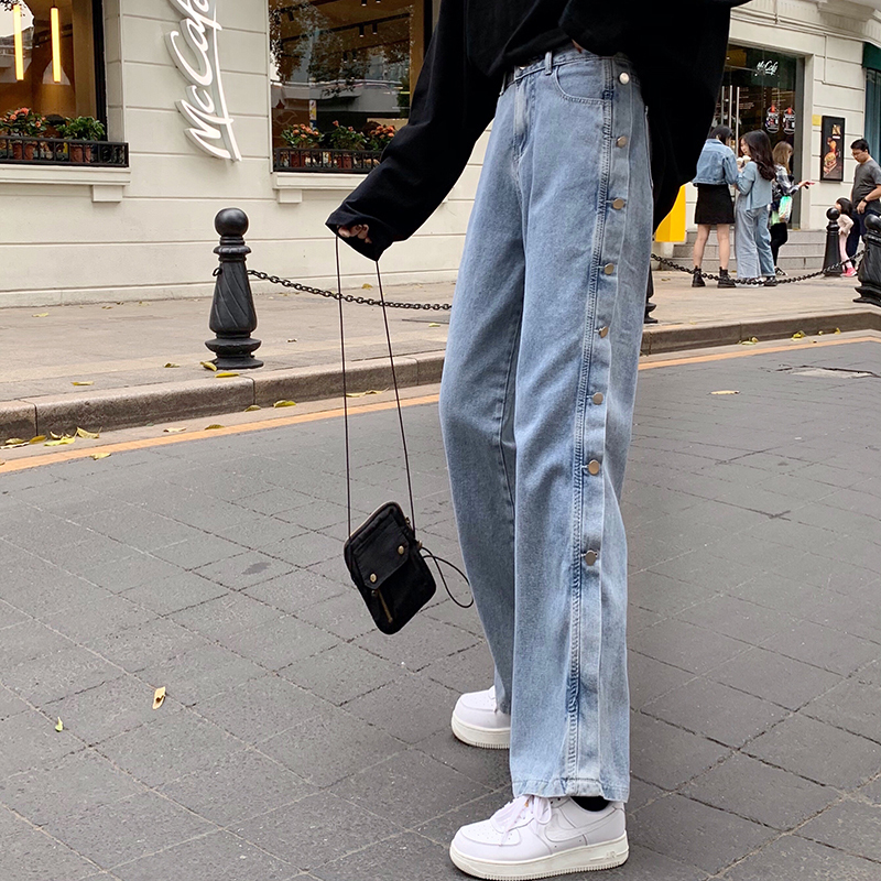 

2021 New Autumn Korean style button down denim high-waisted female wide-legged jeans for women (f9007 UQL4, Blue