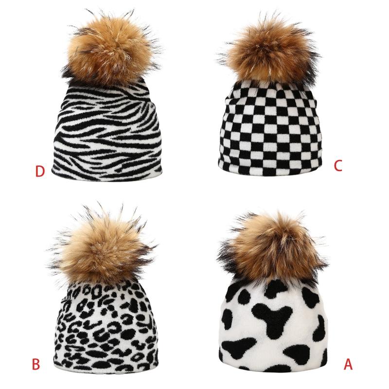 

Beanie/Skull Caps Unisex Cute Cow Zebra Print Beanie Hat Detachable Pompom Warm Knitted Skull Cap J78E