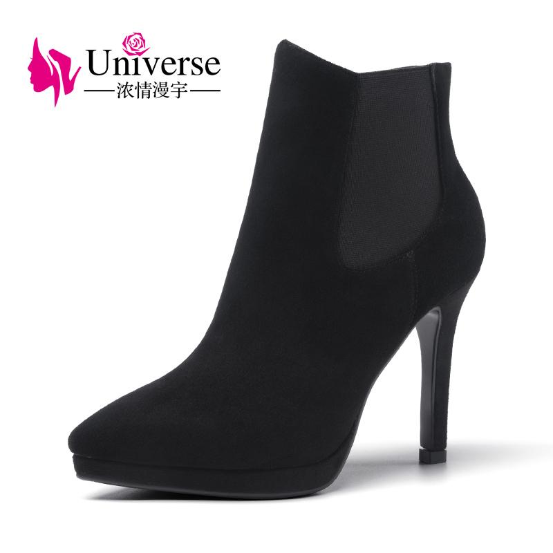 

Universe 10.5 cm super high heel women boots fashion pointed toe black gray suede leather ankle boots for ladies G376