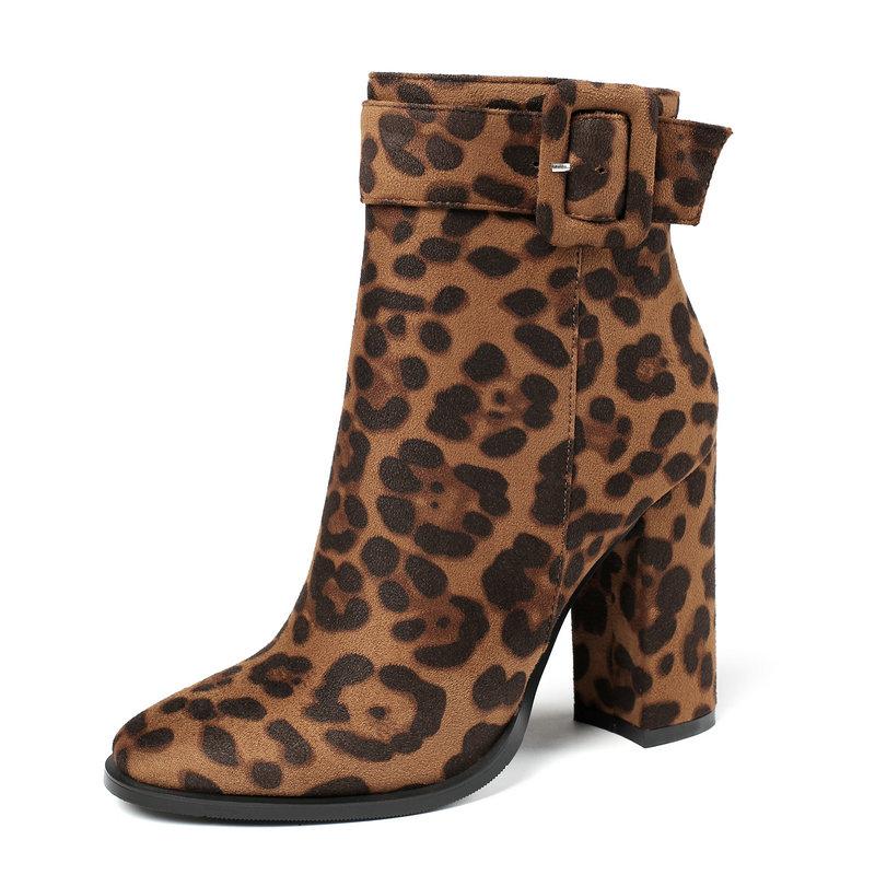 

2020 Round Toe Brand Winter ladies Boots Faux Leopard Buckle Ankle Boots Woman Fashion Thick high Heel Short size 41 42 43