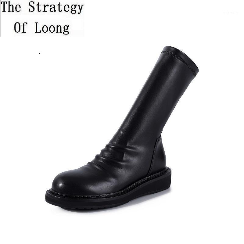 

Spring Autumn New Internal Celebrity Pleated Full Grain Leather Women Half Boots Winter Plush Ladies Mid-Calf Botas 202009041, Long tube 1